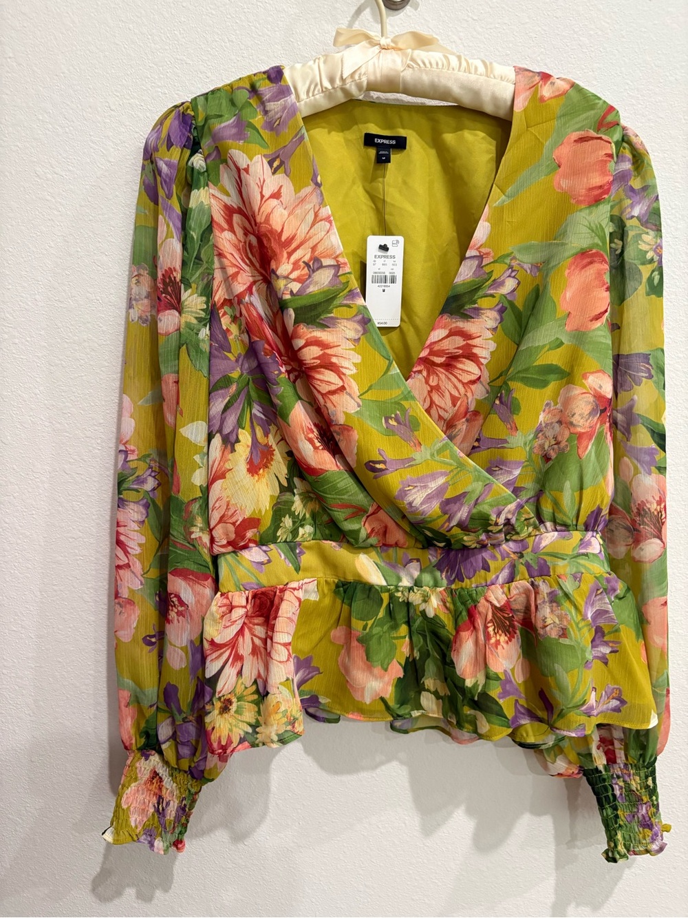 NWT Express Floral Wrap Peplum V-Neck Blouse - Yellow Multi-color Medium
